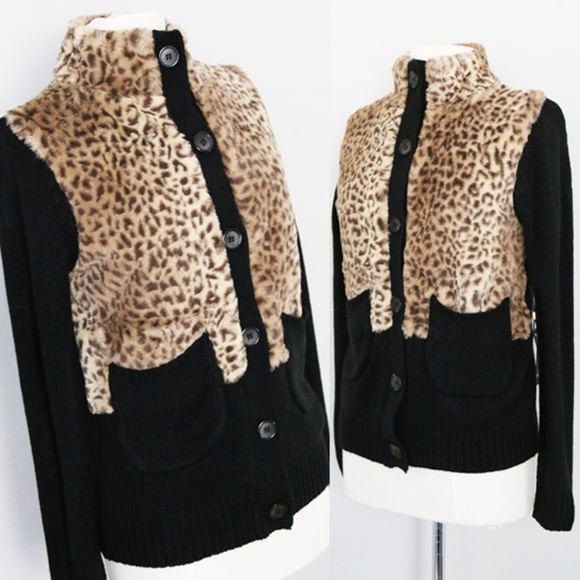 Twelfth Love Sweaters - Soft Leopard Faux Fur Black Sweater Knit Cardigan